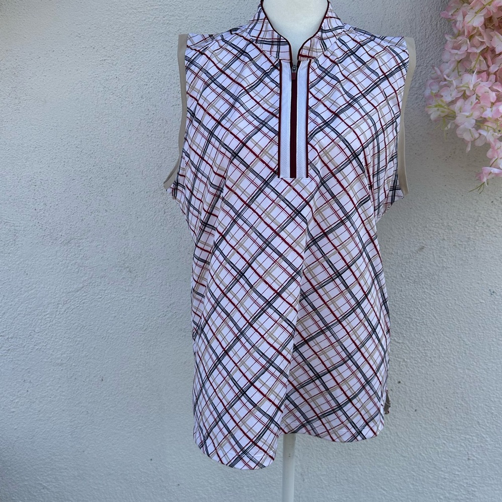 Sleeveless Plaid Zip-Front Golf Top - White/Multi